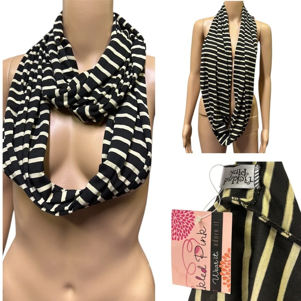 Tickled Pink Black Cream Tan Striped Infinity Scarf Polyester 31 x 15.5 inches